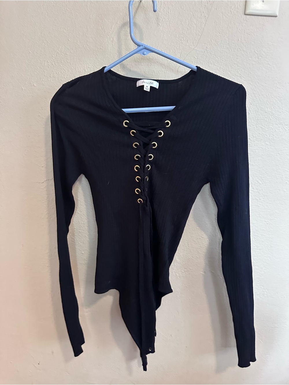 Active USA Black Ribbed Long Sleeve Top with Gold Eyelet Lace-Up